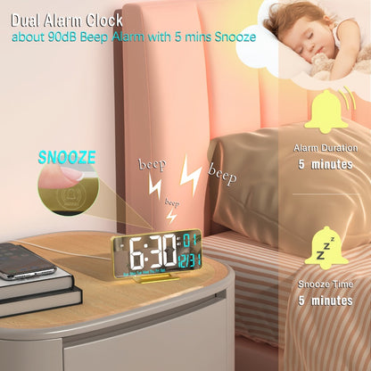 Large Digital Alarm Clock 6.7" with Dual Alarm & Dimmable LED Display – USB Powered Desk Clock with Temperature, Date & Day of Week | Modern Golden Bedside Clock for Bedroom, Living Room & Office