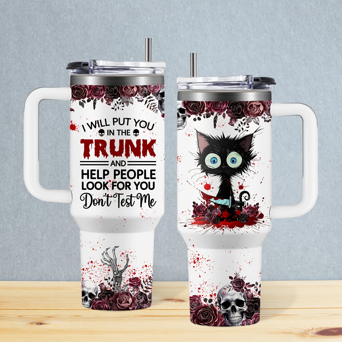 Halloween Horror Cat 40oz Insulated Tumbler with Lid and Straw – Stainless Steel Large Capacity Coffee Cup with Handle | Spooky Cat Mug for Halloween Gifts Office Home