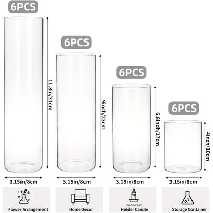 Glass Cylinder Vases Set 12 or 24pcs Clear Tall Flower Vase Candle Holder 4 Sizes for Wedding Centerpieces Home Decor Party Table Decoration DIY Candle Making