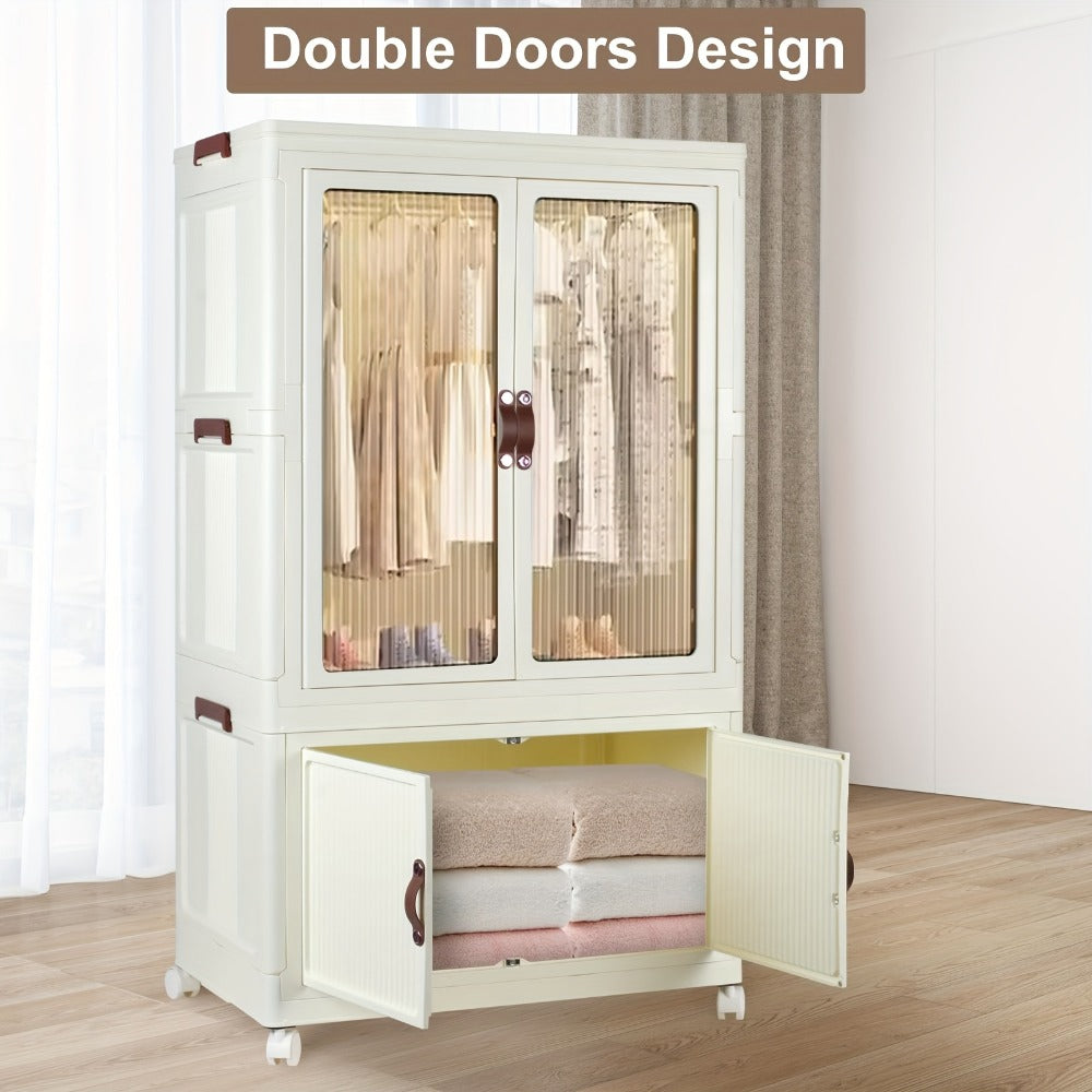 Portable Closet Wardrobe with Wheels & Hanging Rod – Foldable Clothes Cabinet with Doors, 10 Hangers, Stackable Storage Bins, 70 GAL Collapsible Plastic Wardrobe Organizer