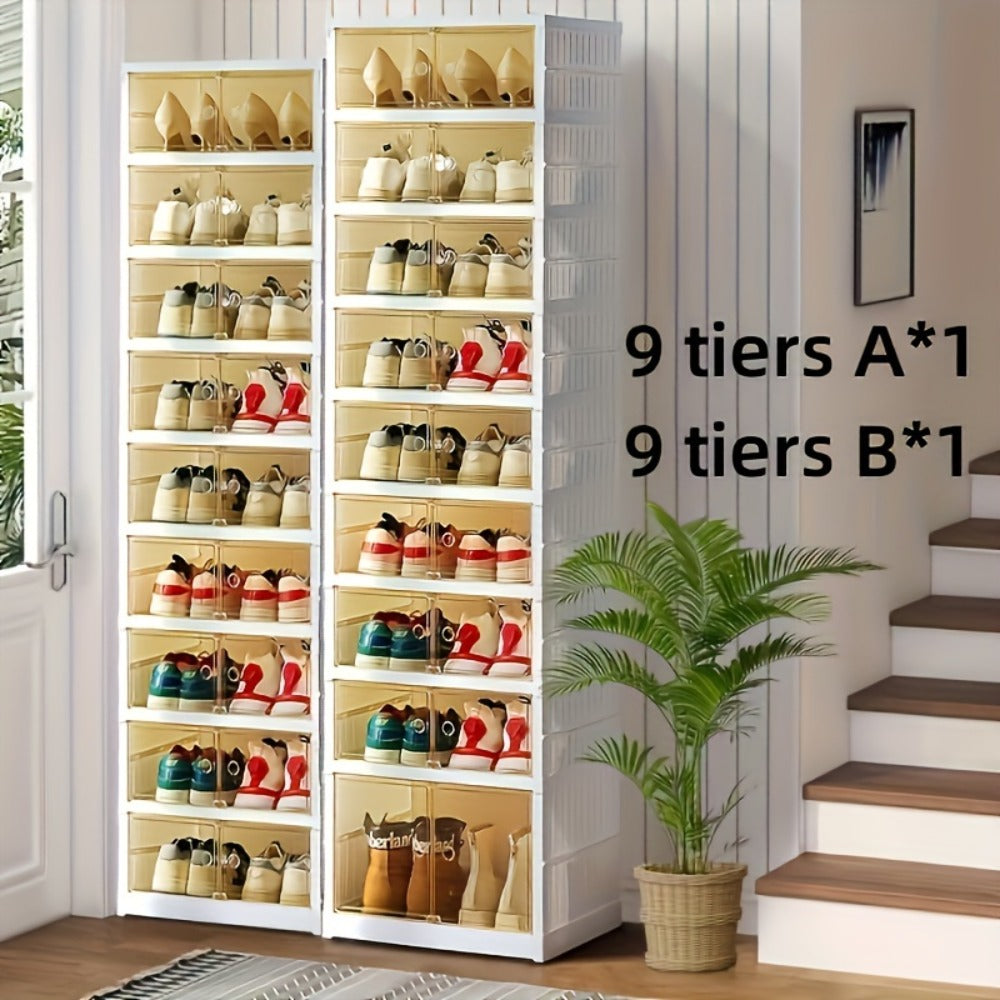 Shoe Rack Organizer 9-Tier, Collapsible Clear Plastic Foldable Stackable Shoe Cabinet with Shelves & Doors — No Assembly, Space-Saving Narrow Storage for Hallway, Apartment & Small Spaces