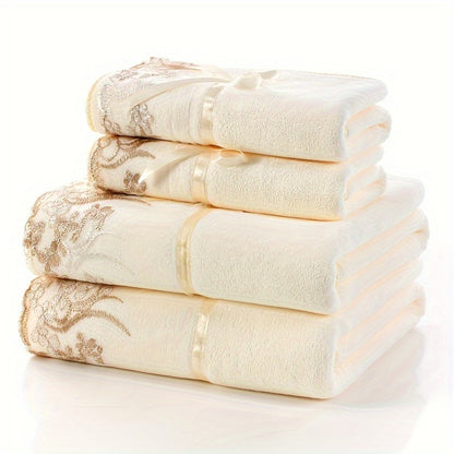 Lace Embroidery Towel Set 4-Piece 350GSM Soft Absorbent Bath and Hand Towels for Bathroom Elegant Decorative Towel Set