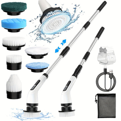 Electric Spin Scrubber with 7 Brush Heads & Adjustable Handle – Dual-Speed Cordless Power Scrubber for Bathroom, Tub, Tile, Floor & Shower Cleaning