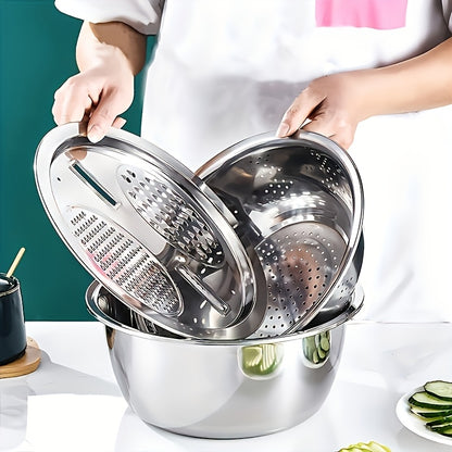 Stainless Steel Kitchen Tool Set 3pcs – Built-In Grinder, Colander Filter & Mixing Bowl for Washing, Slicing & Draining Fruits, Vegetables & Cheese, Food-Safe Drainage System