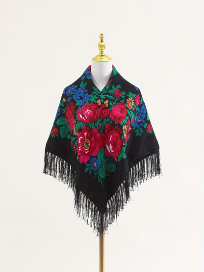 Floral Square Tablecloth with Tassels - Multicolor Flowers, Machine-Washable Polyester, Kitchen & Dining Room Table Cover with Tassel Trim