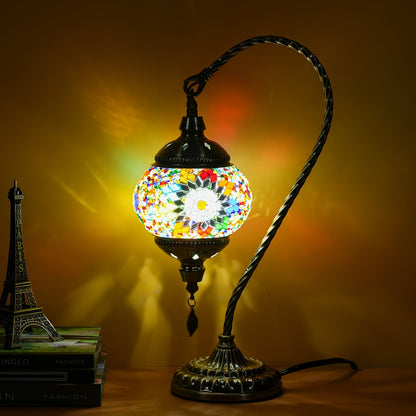 Mosaic Table Lamp Turkish Moroccan Style Handmade Swan Neck Glass Bedside Lamp 3 Color Modes LED Bulb Included Metal Base for Bedroom Living Room