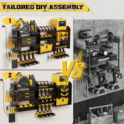 Power Tool Organizer Wall Mount with Charging Station | 3-Layer Cordless Drill Holder Storage Rack 45.5 Inch Heavy Duty – Adjustable Garage Tool Shelf for Workshop & Tool Room