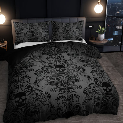 Skull Duvet Cover Set 3pcs – Gothic Victorian Baroque Black & White Skull Bedding with 2 Pillowcases, Digital Print Halloween Bedroom Decor (Twin, Full, Queen, King – No Insert)
