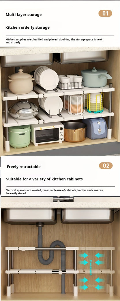 Under Sink Organizer Adjustable - Stainless Steel and Plastic Cabinet Storage Shelf for Kitchen and Bathroom, Space Saving Single Layer Rack for Pots Cleaning Supplies and Toiletries, Multi-Functional Under Cabinet Organizer and Storage