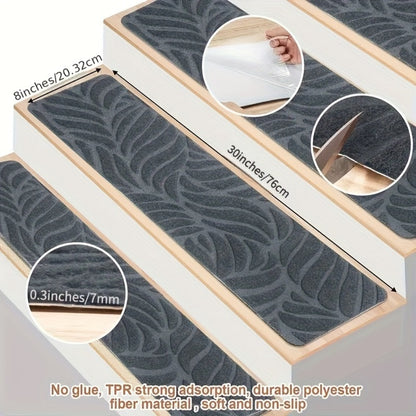 Non-Slip Stair Treads 15pcs 8"x30" Self-Adhesive Carpet Pads for Wooden Steps – Washable Polyester Indoor Stair Mats for Safety, Anti-Slip Step Covers in Multiple Colors