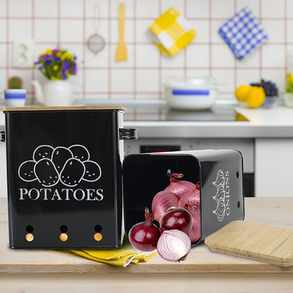 Kitchen Storage Canister Potato Onion Storage Bin Aerating Ventilation Holes Wooden Lid Multipurpose Kitchen Organizer for Onion Potato Fruit Vegetable Black White Grey Green