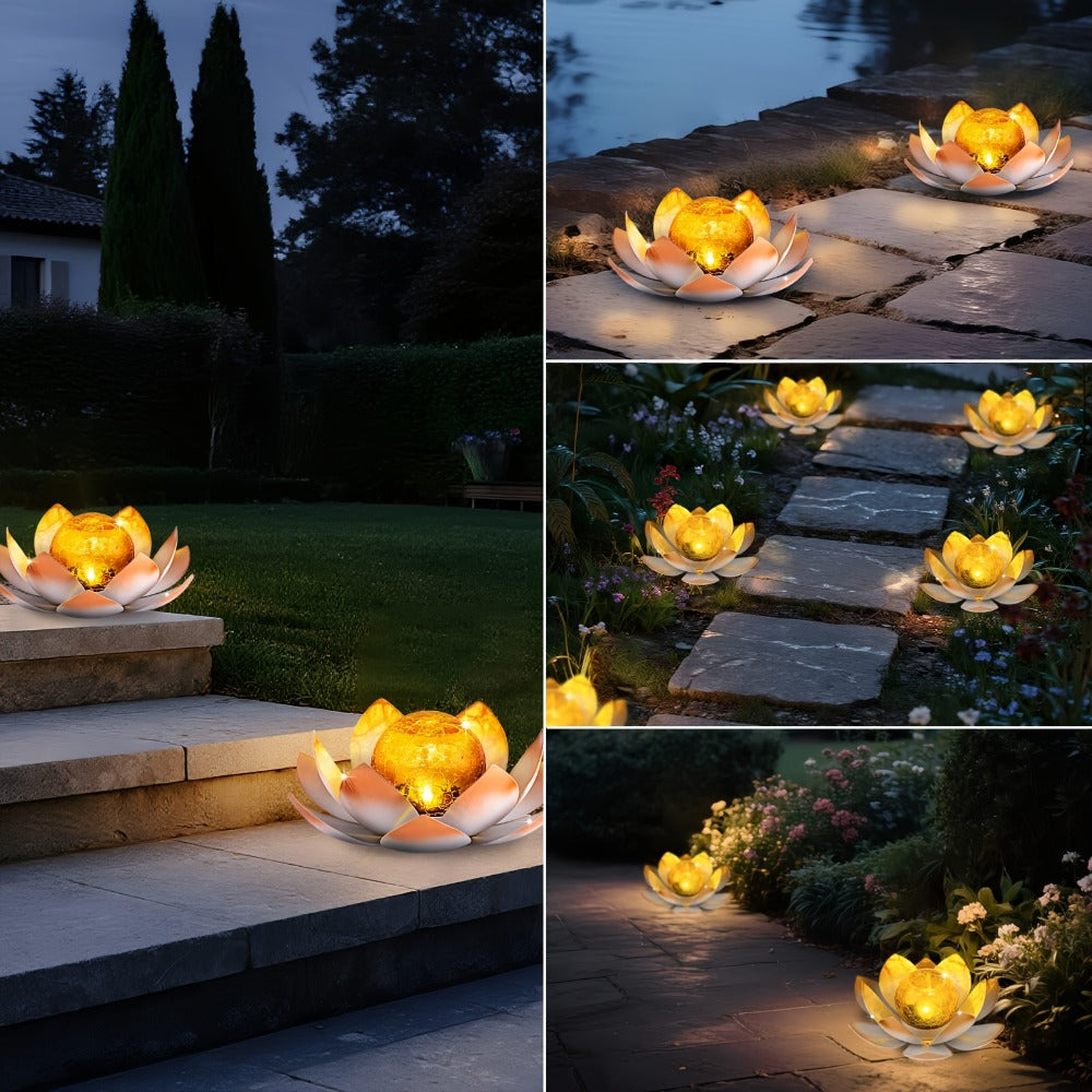 Solar Lotus Garden Lights 2-Pack – Rustic Iron Outdoor Stake Light with Cracked Glass Globe, IPX4 Waterproof Solar Powered Yard Lawn Patio Pool Decor, Warm Glow Landscape Lighting Gift