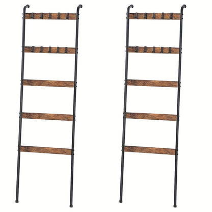 Blanket Ladder 5 Tier Farmhouse Wood with 10 Removable Hooks Wall Leaning Towel Rack Quilt Holder for Living Room Bathroom Bedroom Decor