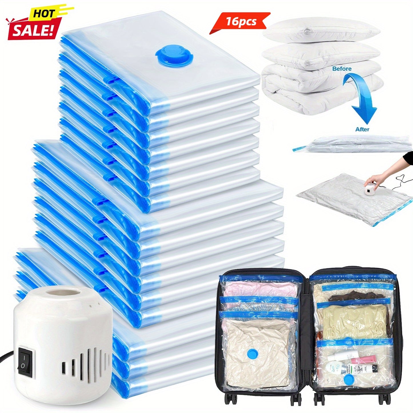 Vacuum Storage Bags 16pcs with Electric Pump – Space Saver Compression Bags for Clothes, Bedding, Pillows, Quilts, Blankets, Travel & Luggage (7 Small, 6 Medium, 3 Large)