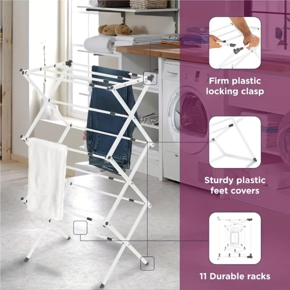 Laundry Drying Rack 3-Tier X-Type Expandable Metal, Collapsible Clothes Dryer & Towel Rack — Air Drying Stand for Indoor & Outdoor Use | Grey, White | Multiple Configurations