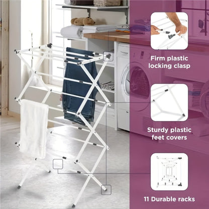Laundry Drying Rack 3-Tier X-Type Expandable Metal, Collapsible Clothes Dryer & Towel Rack — Air Drying Stand for Indoor & Outdoor Use | Grey, White | Multiple Configurations