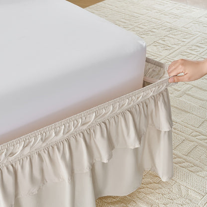 Double Ruffle Bed Skirt 16" Drop | Elastic Wrap Around Dust Ruffle for Twin Full Queen King Bed | Easy Install Machine Washable Soft Linen Poly Blend Bedskirt