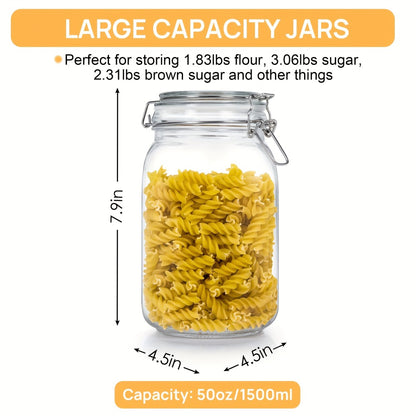 Airtight Glass Storage Jars with Lids 3-Pack 50 OZ, Square Food Canisters for Kitchen Pantry Organization, Mason Jar Containers for Sugar Flour Cereal Coffee