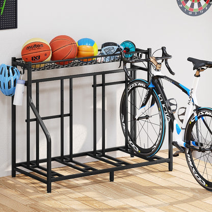 Freestanding Bike Storage Stand with Basket & Hooks – Adjustable Floor Rack for 3-4 Bikes, Indoor Outdoor Garage Organizer