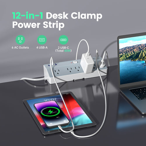 Desk Clamp Power Strip 12-in-1 Surge Protector with 6 Outlets 4 USB-A 2 USB-C PD 20W 40W Fast Charging Desktop Mount Flat Plug for Home Office Tabletop