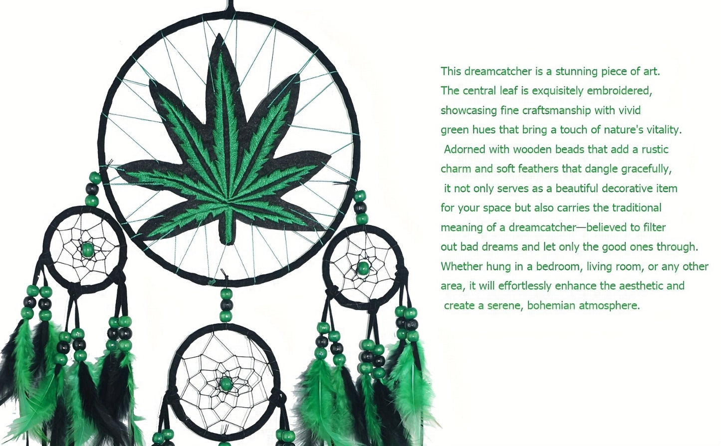 Bohemian Dream Catcher with Feathers & Leaf Embroidery – Boho Wall Hanging Decor for Bedroom, Bedside, Cabin & Living Room – Handcrafted Woven Dreamcatcher Gift for Women and Men