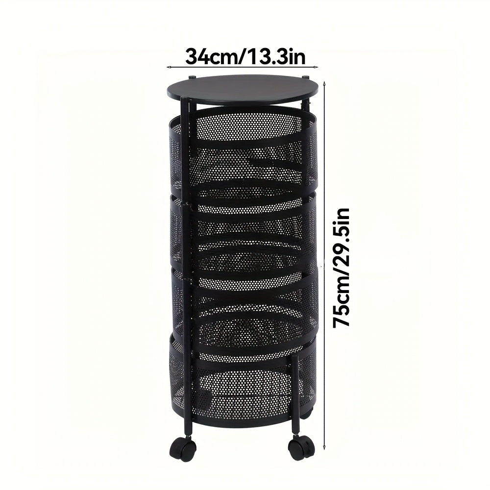 Rotating Storage Rack Multi-Tier Rolling Cart – 360° Swivel Round Floor Standing Organizer with 4 or 5 Layers, Vegetable Basket & File Rack for Kitchen, Bathroom, Office & Living Room (Black / White)