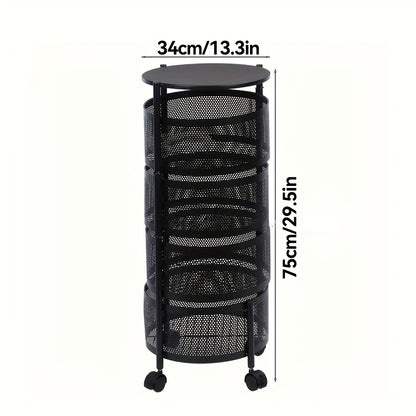 Rotating Storage Rack Multi-Tier Rolling Cart – 360° Swivel Round Floor Standing Organizer with 4 or 5 Layers, Vegetable Basket & File Rack for Kitchen, Bathroom, Office & Living Room (Black / White)