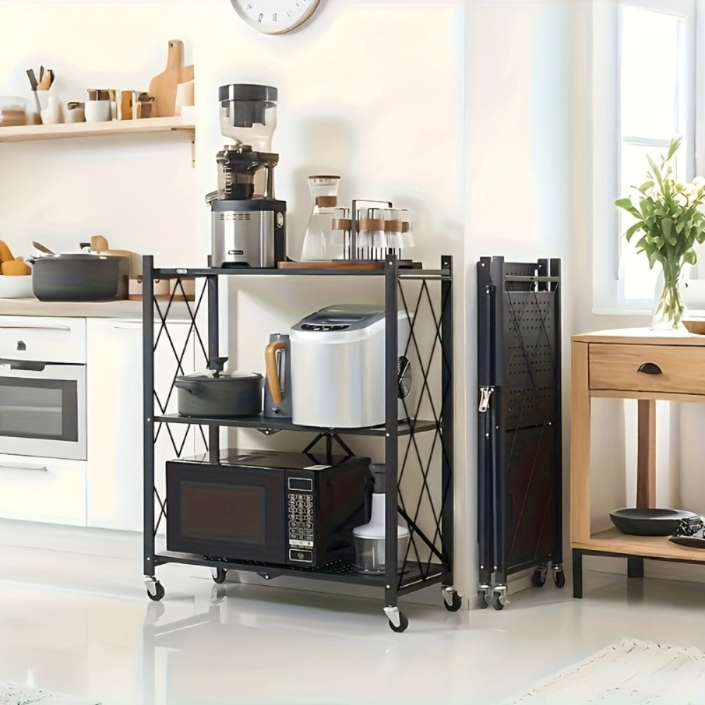 3 Tier Foldable Storage Rack with Wheels Heavy Duty Black Iron Shelving Unit for Garage Kitchen Pantry Utility Multi-Purpose Organizer