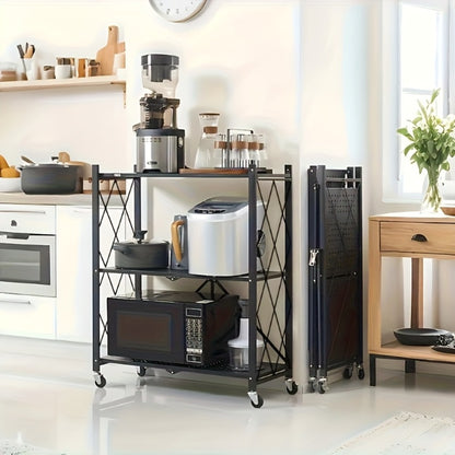 3 Tier Foldable Storage Rack with Wheels Heavy Duty Black Iron Shelving Unit for Garage Kitchen Pantry Utility Multi-Purpose Organizer