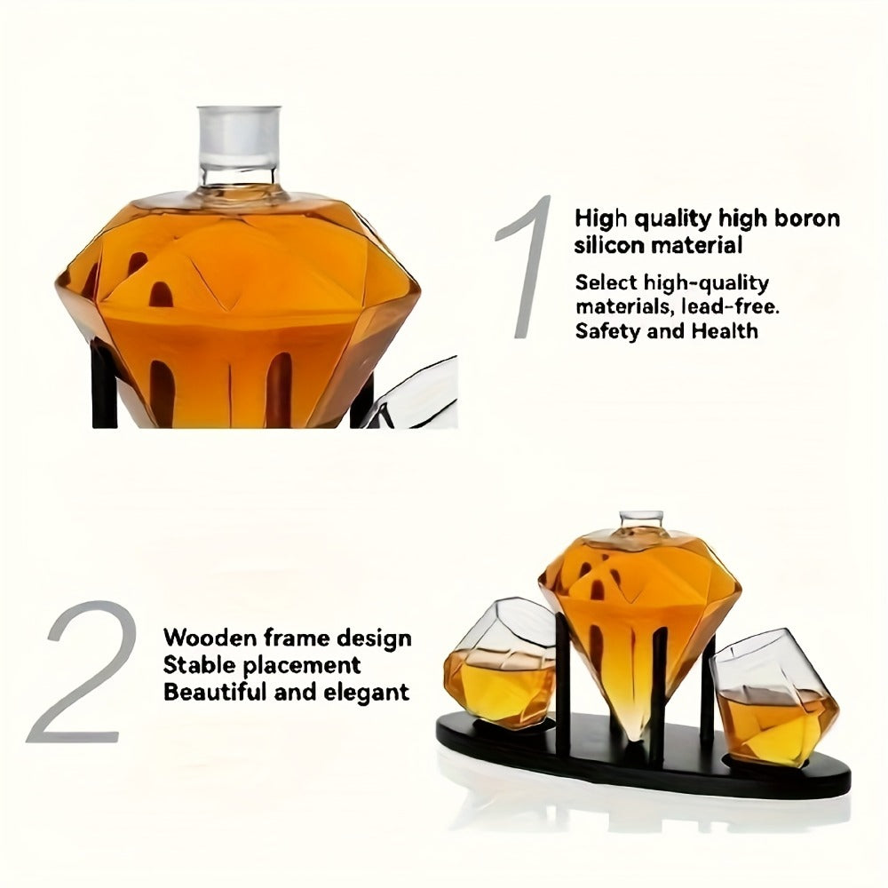 Whiskey Decanter Set with 2 Diamond Glasses & Wooden Rack | Brick Stone Design – Bourbon Rum Vodka Tequila Gift Set for Men Home Bar