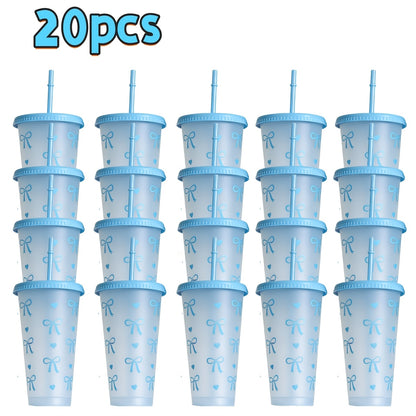 Reusable Party Cups 24 oz with Lids Straws and Dust Covers - BPA Free PP Plastic Tumblers Bulk Set 10 or 20 Pack for Parties Camping Office Gifts Pink Blue