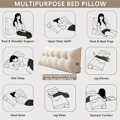 Bed Wedge Pillow Headboard Pillow with Side Pockets Removable Washable Cover Teddy Velvet Reading Pillow Twin Queen King