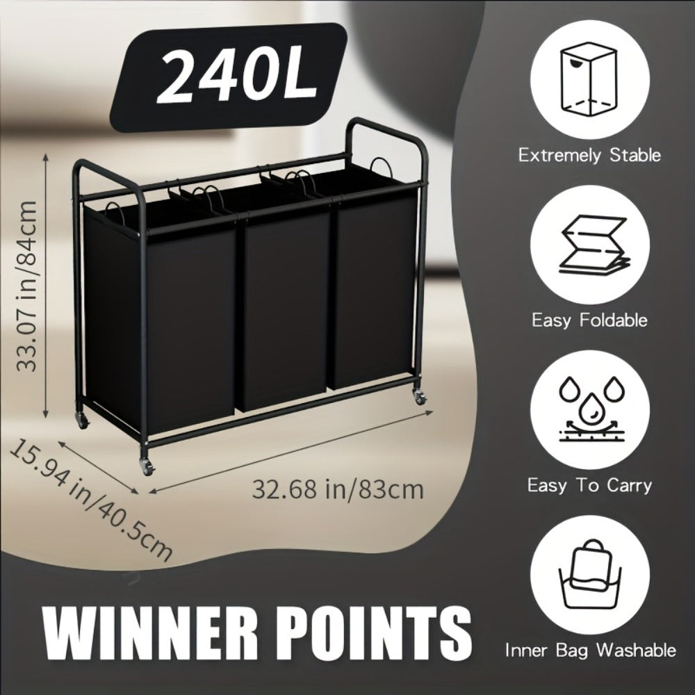 3-Bag Laundry Sorter Cart 63.4 Gallon – Rolling Hamper with Lockable Wheels & Removable Bags, Heavy-Duty Fabric Laundry Basket for Bedroom & Laundry Room, Black Gray Beige Brown