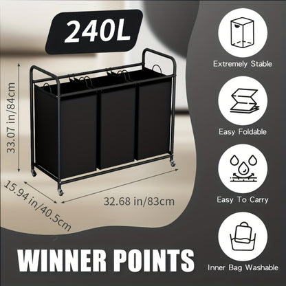 3-Bag Laundry Sorter Cart 63.4 Gallon – Rolling Hamper with Lockable Wheels & Removable Bags, Heavy-Duty Fabric Laundry Basket for Bedroom & Laundry Room, Black Gray Beige Brown