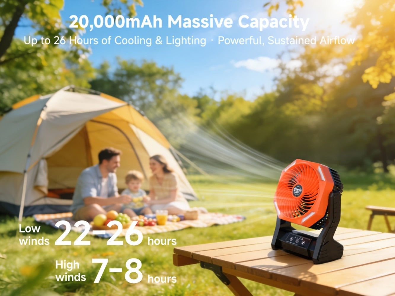 Camping Fan 20000mAh with LED Light and Brushless Motor, 4-Speed 180° Oscillating Portable Outdoor Fan, 22-26H Long Runtime Anti-Slip Base, 3-in-1 Table Fan for Camping, Hiking, Picnic and Emergency