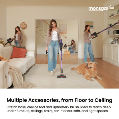 Cordless Vacuum Cleaner 46KPA Powerful Suction Lightweight Detachable Battery Anti-Tangle V-Shaped Brush 6-Stage Filtration 1.8L Dust Cup for Hard Floor Carpet Pet Hair Home