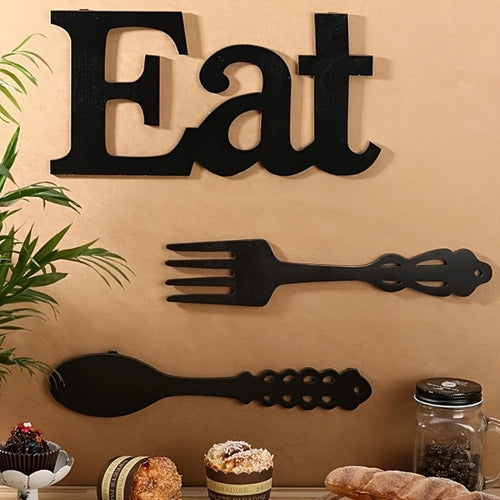 EAT Sign Wall Decor with Fork and Spoon | Rustic Wood Hanging Letters for Kitchen Dining Room | Country Farmhouse Wall Art Wooden EAT Decoration in Black