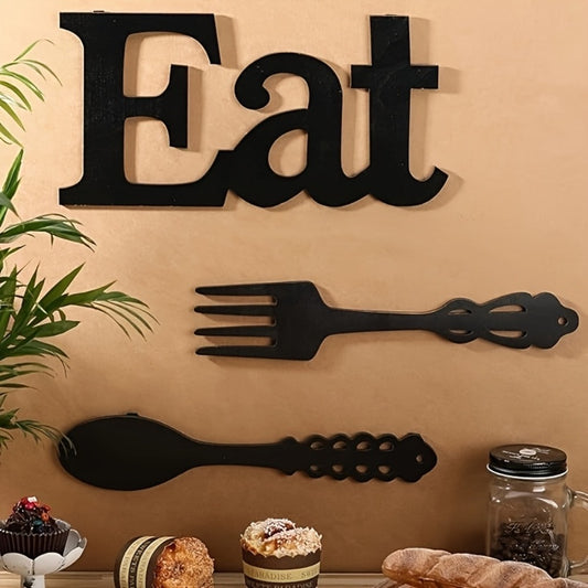 EAT Sign Wall Decor with Fork and Spoon | Rustic Wood Hanging Letters for Kitchen Dining Room | Country Farmhouse Wall Art Wooden EAT Decoration in Black