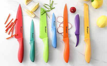 Rainbow Kitchen Knife Set 14pcs – 7 Sharp Stainless Steel Knives with 7 Blade Guards, Dishwasher Safe, Non-Stick Professional Chef Knife Set with Sheaths