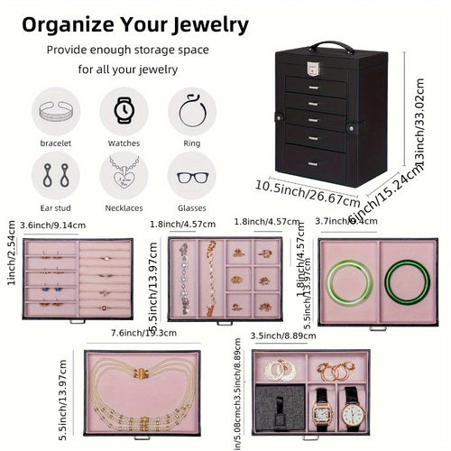 Jewelry Box 6 Tier with 5 Drawers Mirror & Lock | Large Jewelry Organizer Storage Case Gift for Women