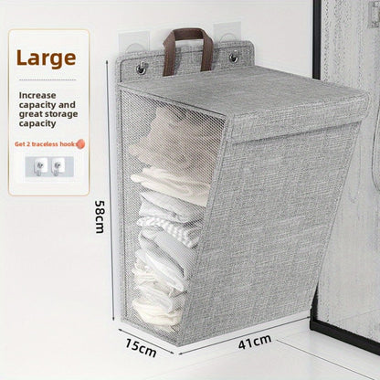 Wall Mounted Laundry Hamper Foldable Oxford Cloth with Lid | Space Saving Clothes Storage Basket for Bedroom Bathroom Living Room | Large 22x15 Inch Multi-Purpose Organizer Gray