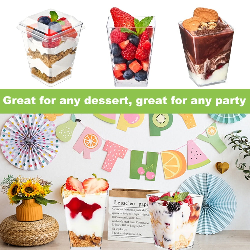 Disposable Dessert Cups with Lids & Spoons, 5oz Plastic Pudding Cups Set — 50/100/150/200 Pack Mini Clear Cups for Parties, Weddings, Picnics, Camping & Family Gatherings