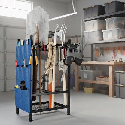 Tool Storage Rack with Storage Bag – Metal Yard Tool Organizer for Garage Holds 35 Long-Handled Tools, Broom, Shovel, Rake Stand Holder, Heavy Duty Freestanding Garden Tool Rack for Outdoor & Yard, Black