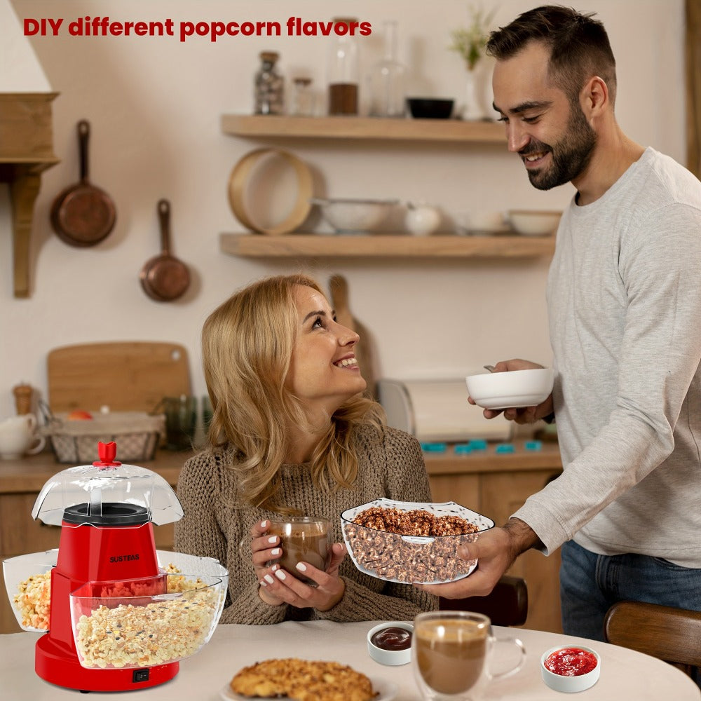 Hot Air Popcorn Maker with 4 Bowls – Oil-Free Electric Popcorn Machine 95% Pop Rate Ready in 3 Min | Portable Popcorn Popper for Movie Night Family Gatherings Parties Home Theater Kitchen Use Red