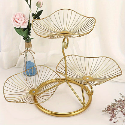Fruit Basket Stand 3-Tier Decorative Iron Metal Wire Fruit Bowl with Lotus Leaf Design, Countertop Holder for Fruits Vegetables Bread Snacks, Modern Home Kitchen Table Centerpiece Organizer Gold