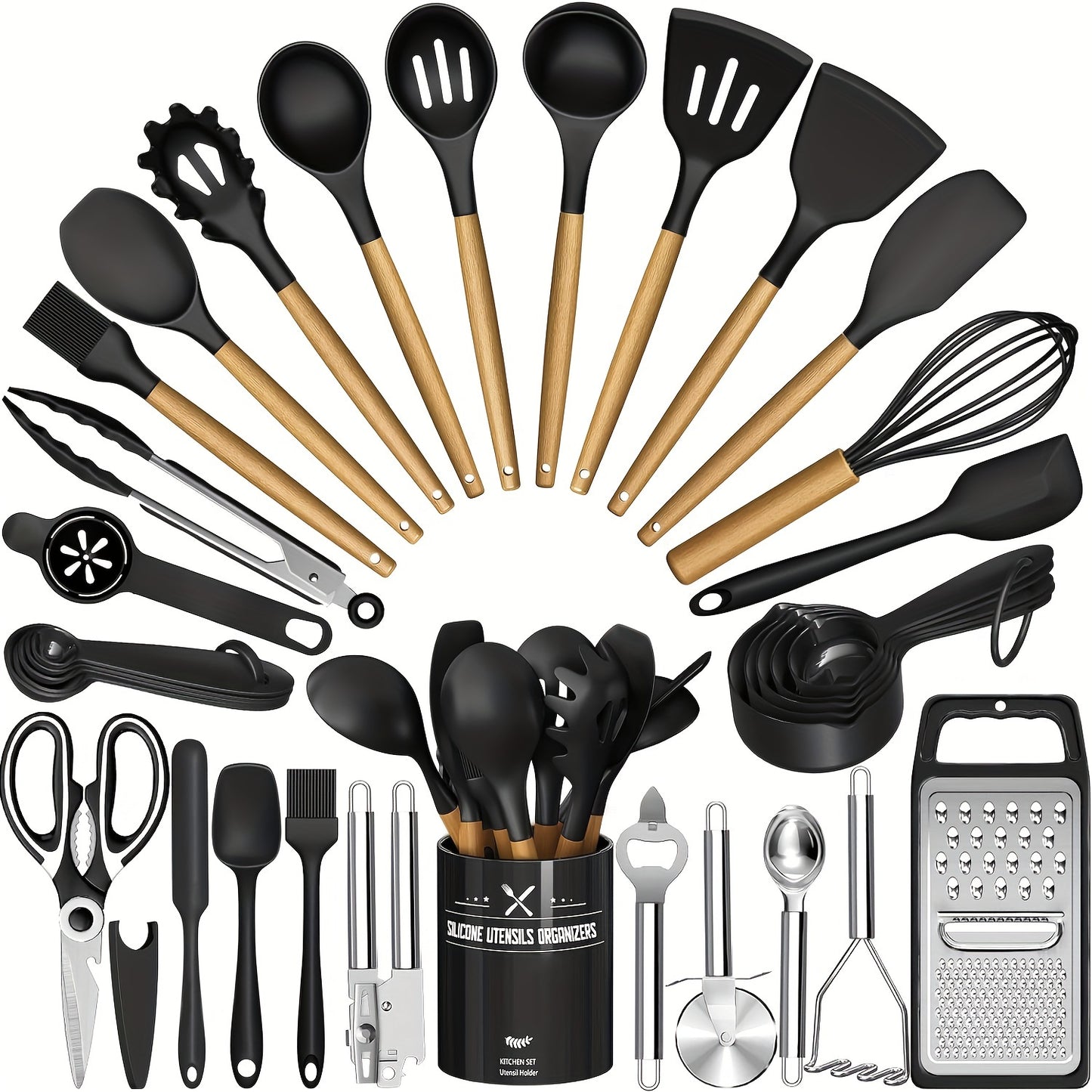 Silicone Kitchen Utensils Set 34-Piece with Holder – Heat Resistant Cooking Spatula Tools for Nonstick Cookware | Wooden Handle Kitchen Gadgets | Father's Day & Housewarming Gift