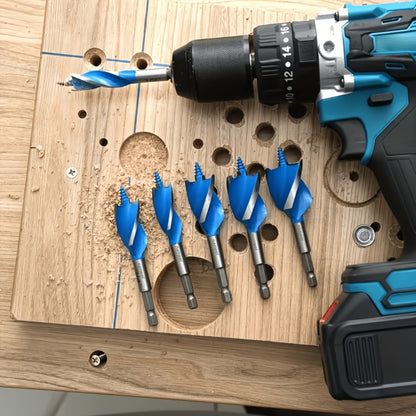 Drill Bit Set 6PCS Hex Shank Quick Change - Metal Hexagonal Handle with 4 Slots & 4 Blades, Multi-Purpose Wood & Metal Drill Bits for Door Locks Drawers Hole Drilling Woodworking DIY Projects