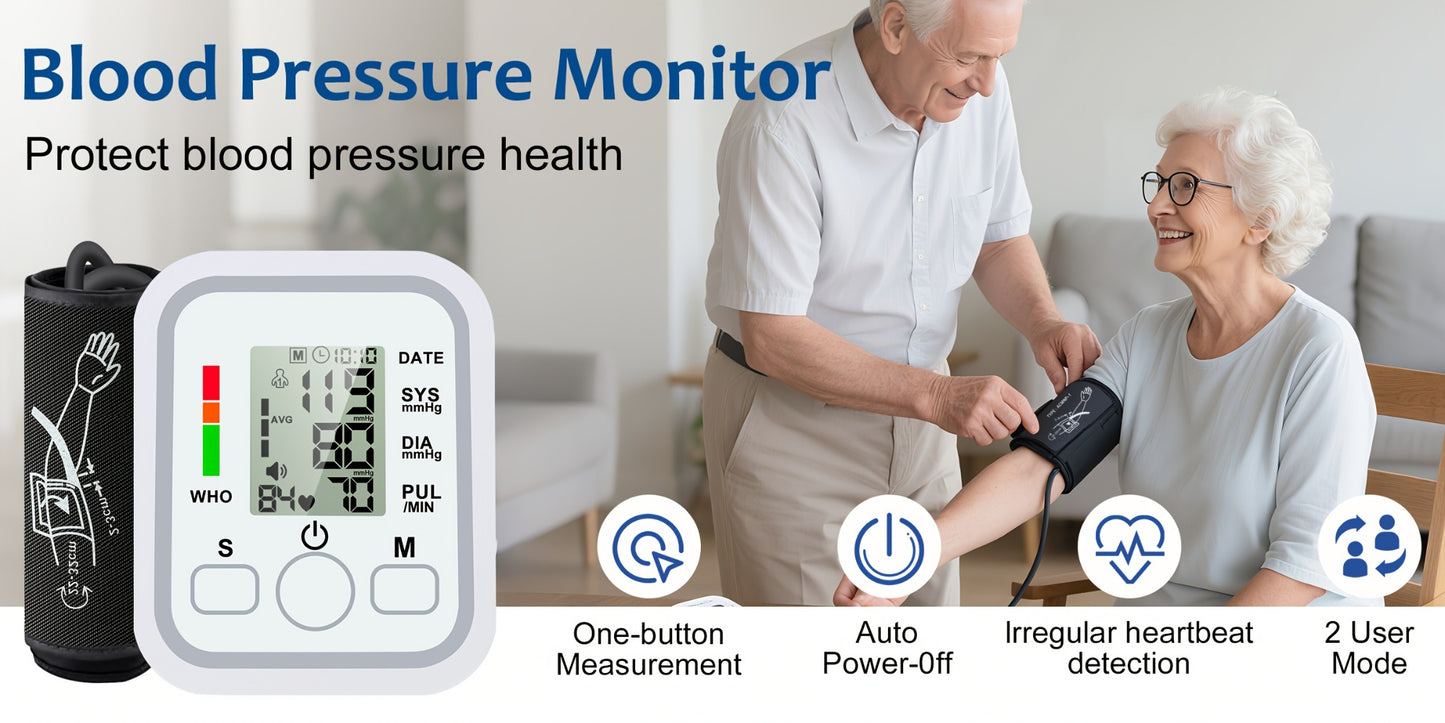 Upper Arm Blood Pressure Monitor – Large LCD, Voice Broadcast, Heart Rate & Irregular Heartbeat Detection, 2×99 Memory, 8.7–14.2" Adjustable Cuff, One-Touch Operation for Seniors & Pregnant Women