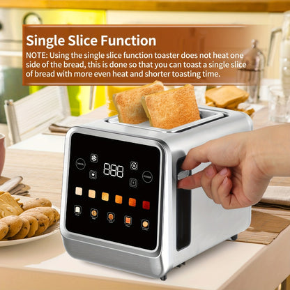 Digital Touch Screen Toaster 2 Slice Stainless Steel with 5 Bread Functions 7 Shade Settings Bagel Defrost Reheat Cancel Removable Crumb Tray LED Display Kitchen Toaster