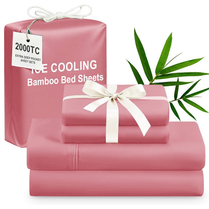Bamboo Cooling Bed Sheet Set 4pcs Extra Deep Pocket Breathable Fitted Sheet Flat Sheet Pillowcases for Hot Sleepers Twin Full Queen King